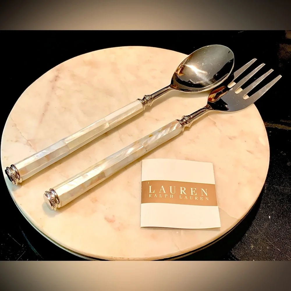 RALPH LAUREN PEARL SALAD SERVERS SET NEW STAINLESS STEEL FORK SPOON